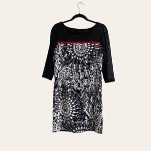 Connected Apparel Black White Dress Geometric Print Sheer 3/4 Sleeves, Size L